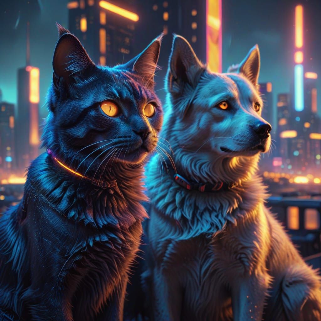 Sci-Fi Cat and Dog Friends in Neon Cityscape