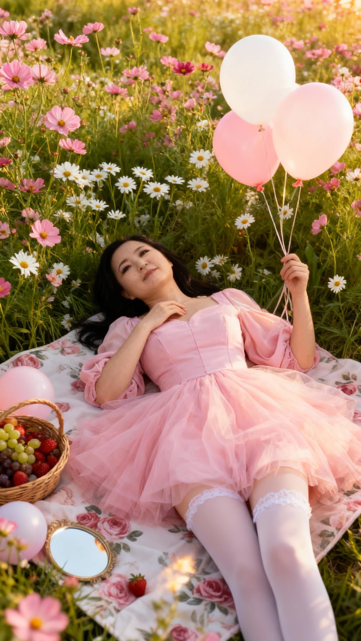 Young Woman in Flower Field with Balloons, Photorealistic Po...