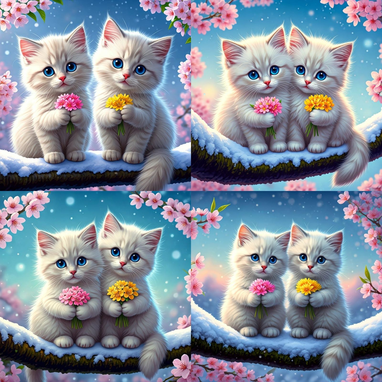 Whimsical Kittens Amidst Cherry Blossoms in Dreamy Twilight