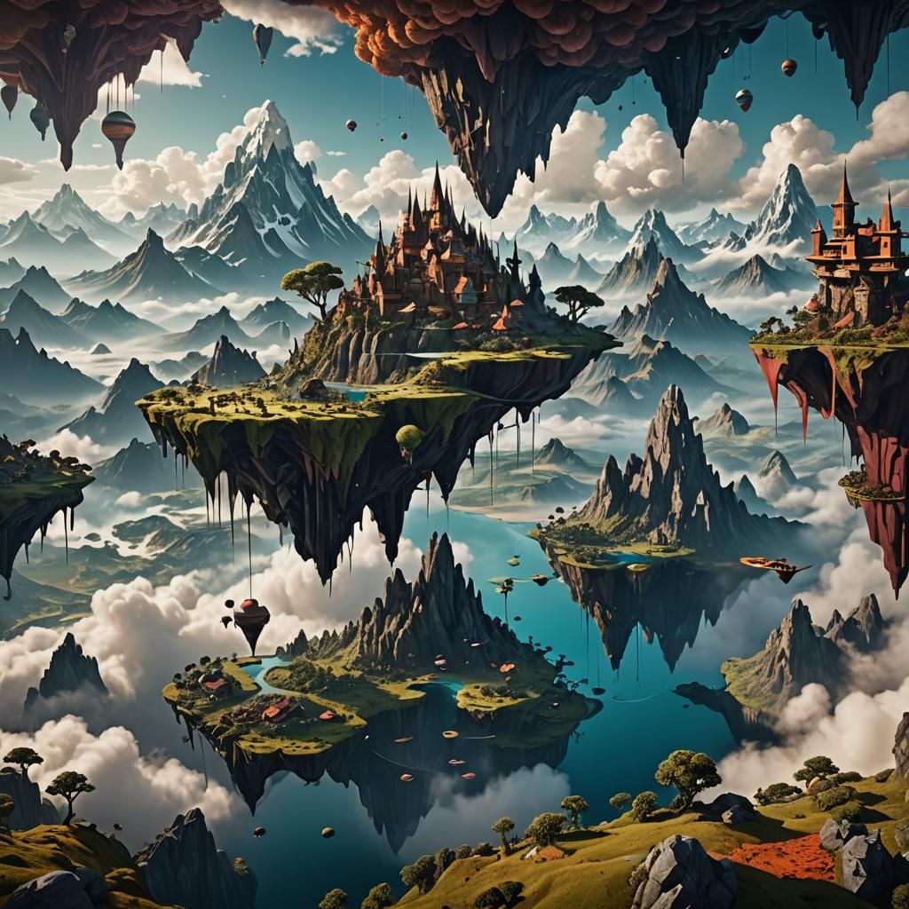Surreal Floating Islands Landscape in Detailed Matte Paintin...