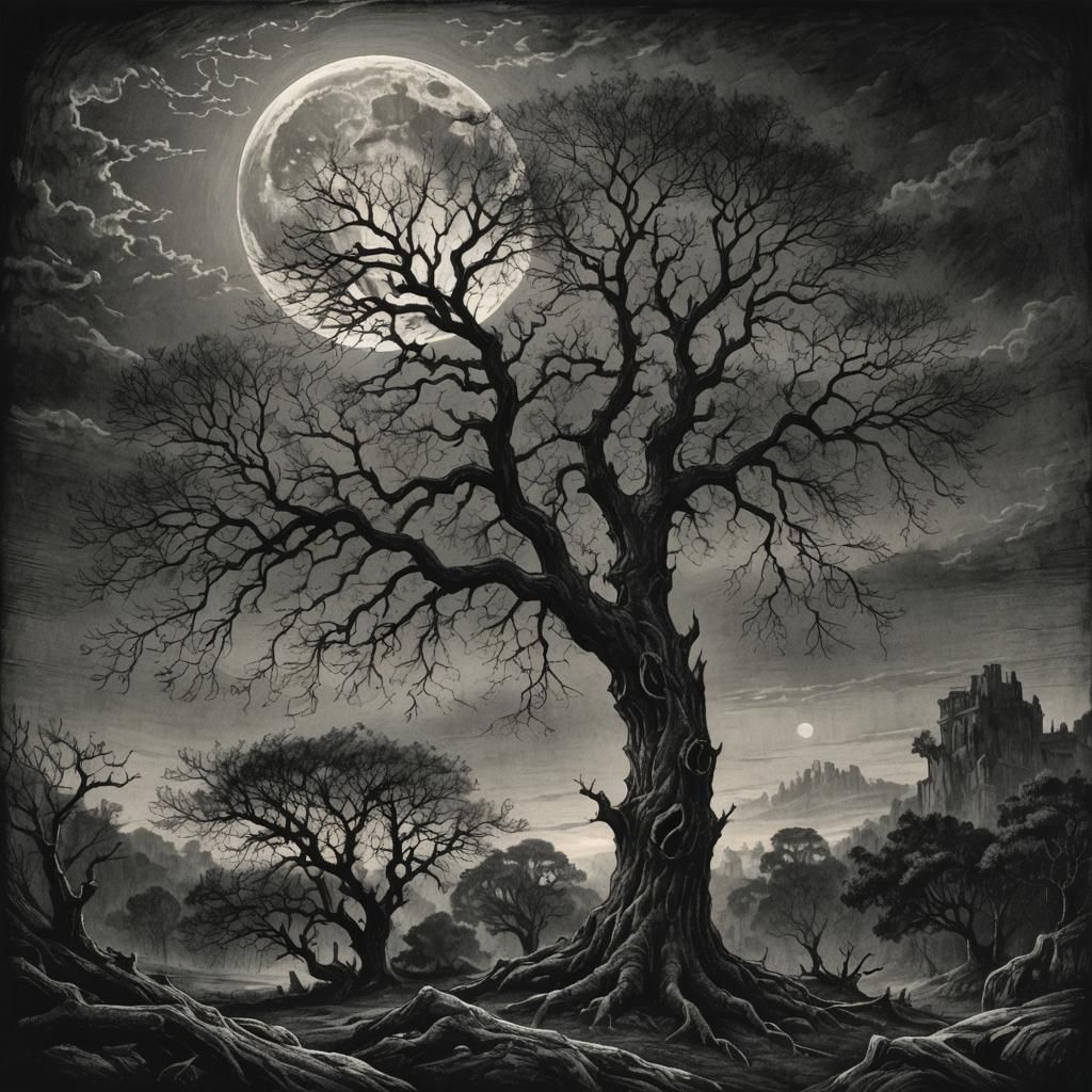Majestic Tree Under Moonlight: Charcoal Illustration