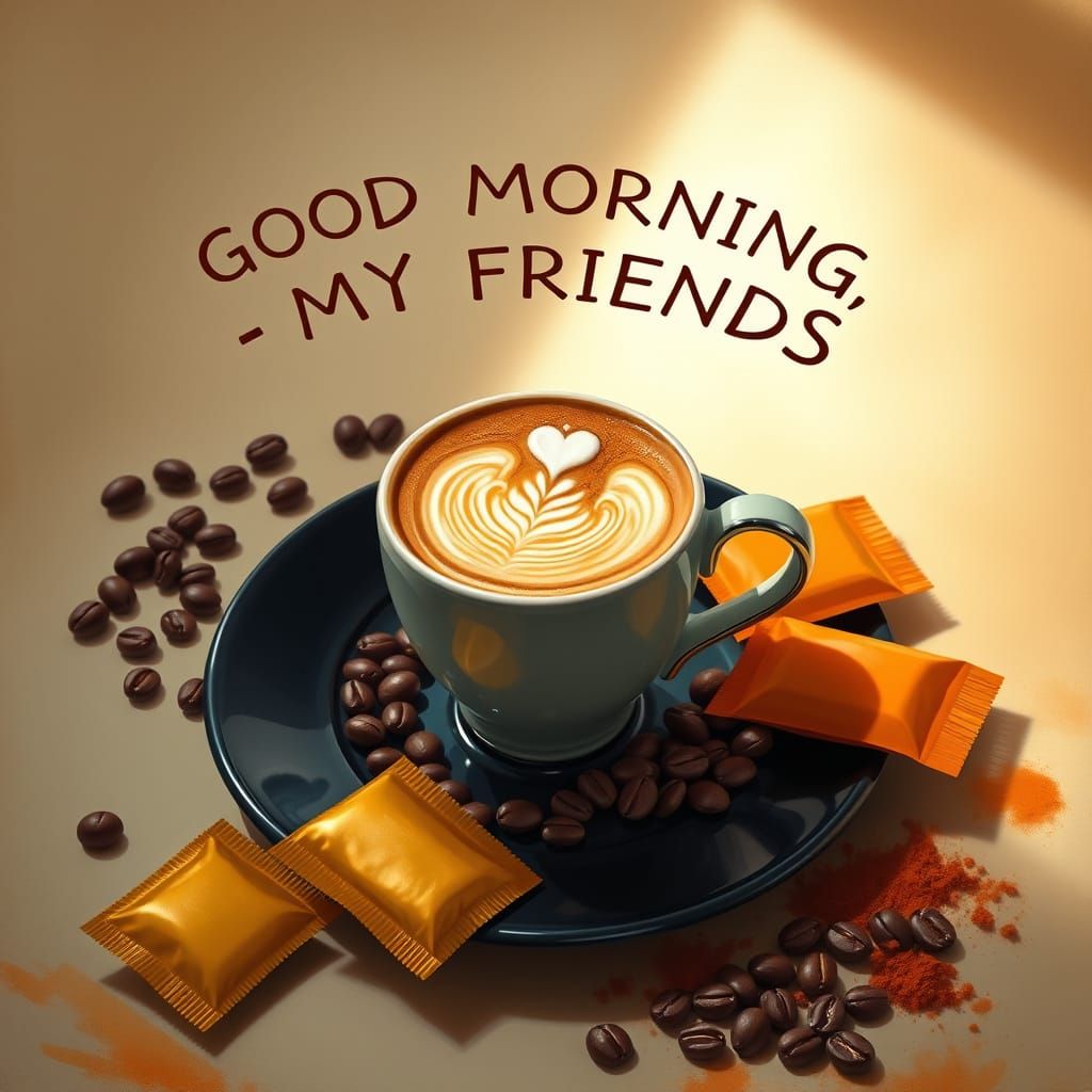 Morning Coffee Scene with Latte Art and Biscuits