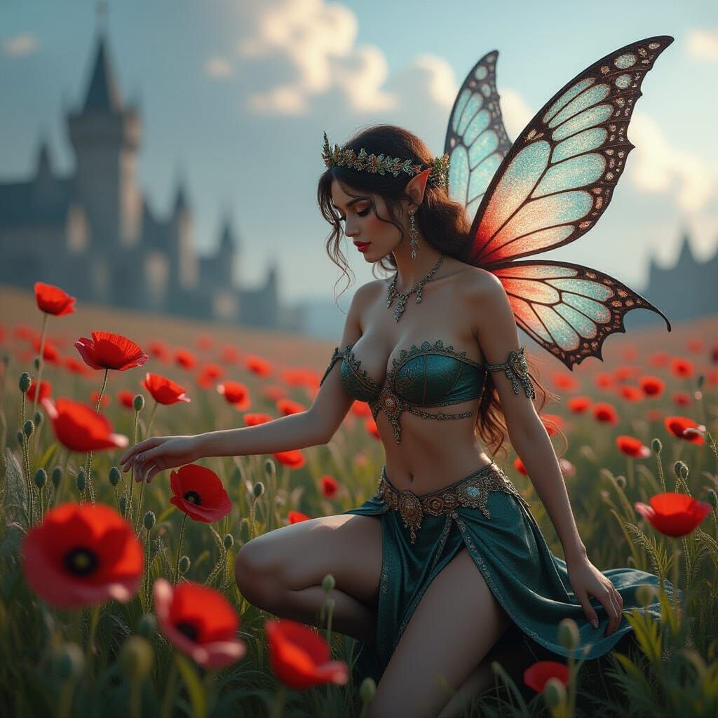 Detailed Fairy Amidst Poppies on Battlefield