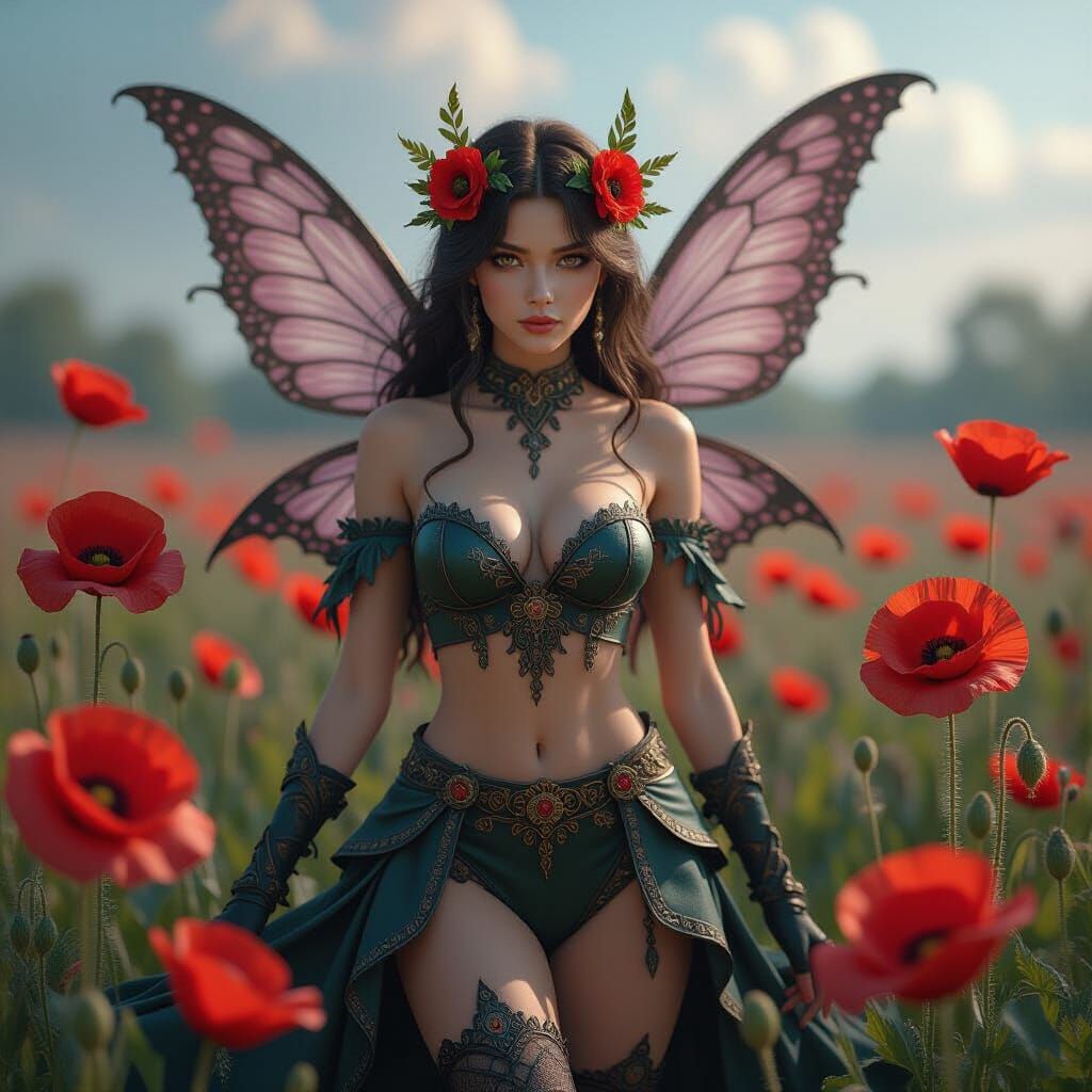 Detailed Fairy Amidst Poppies on Battlefield, Fantasy Art