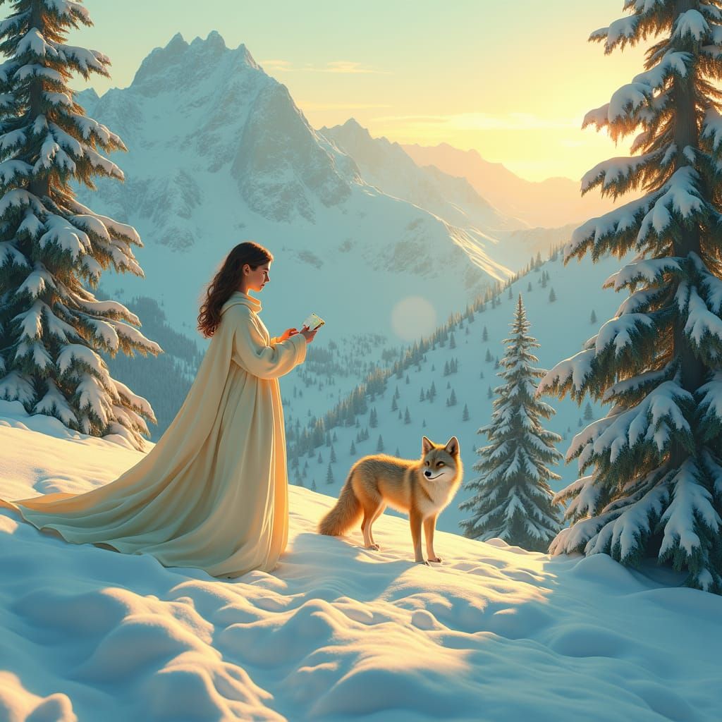 Winter Serenity: Woman, Fox, and Chocolate in Art Nouveau St...