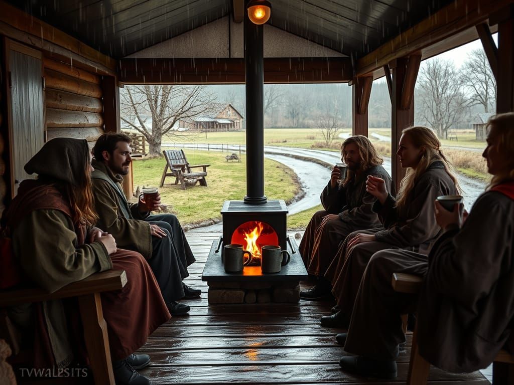 Cozy Medieval Scene of Rainy Evening Serenity