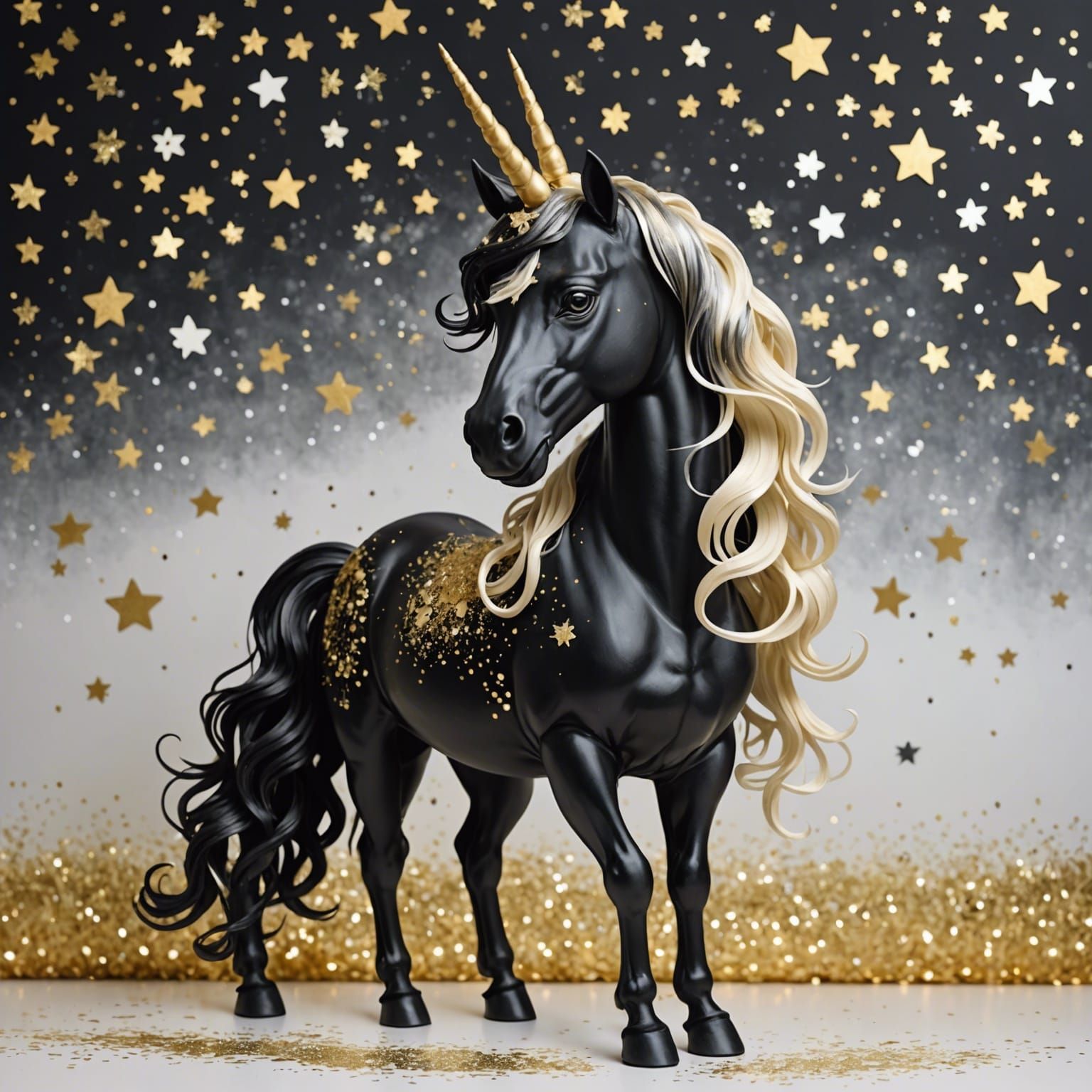 A beautiful black unicorn with a wavy mixed,  ombre mane using the colors cream white and metallic gold.