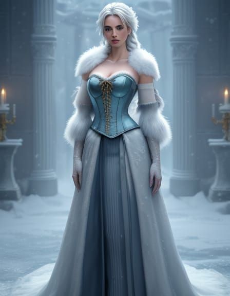 Woman in Snowy Palace with Icy Corset, Hyper-Realistic Art
