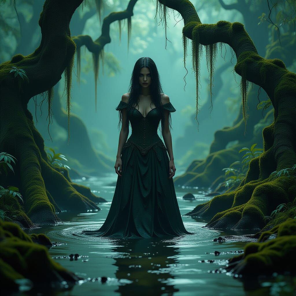 Rusted Woman in Enchanting Swamp, Dark Fantasy Digital Art