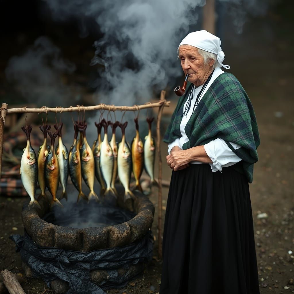 Elderly Woman Smoking Fish in Traditional Dress
