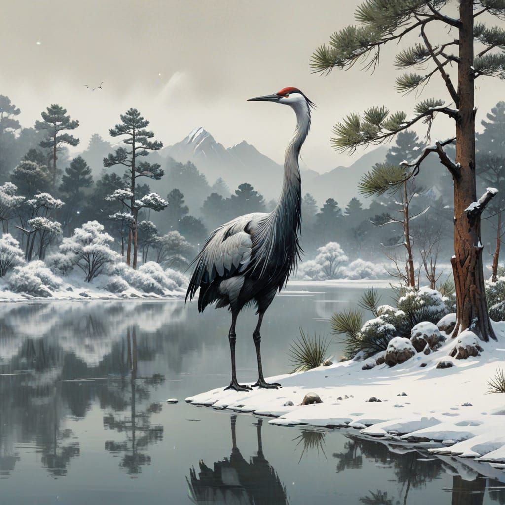 Crane on Lake in Chinese Painting Style