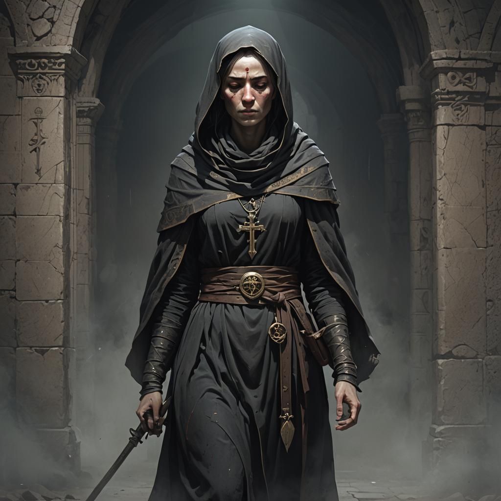 full-length concept art dark catholic bold female monk
