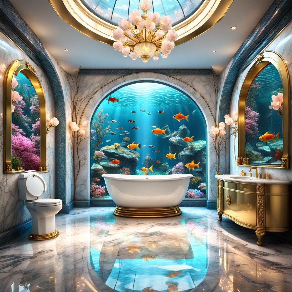 Futuristic Bathroom with Aquarium in Hyperreal Style