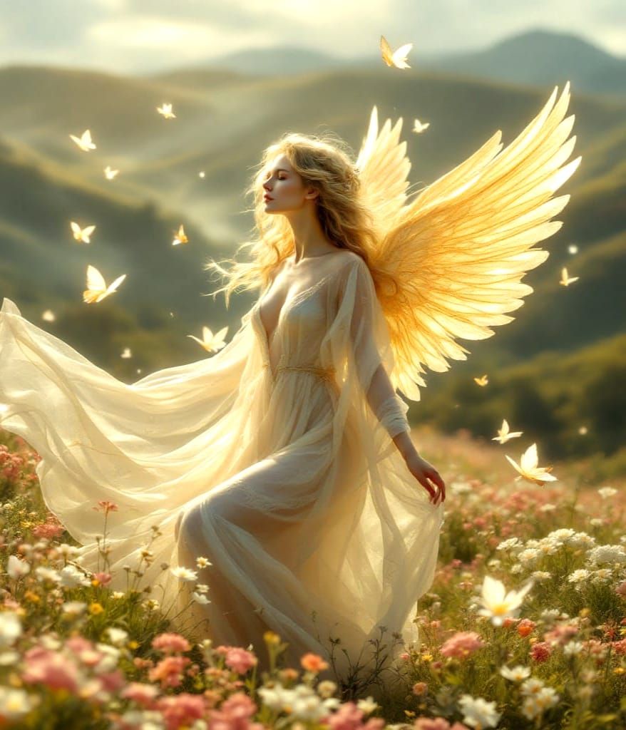 Ethereal Angel Maiden of Dawn Radiates Golden Light