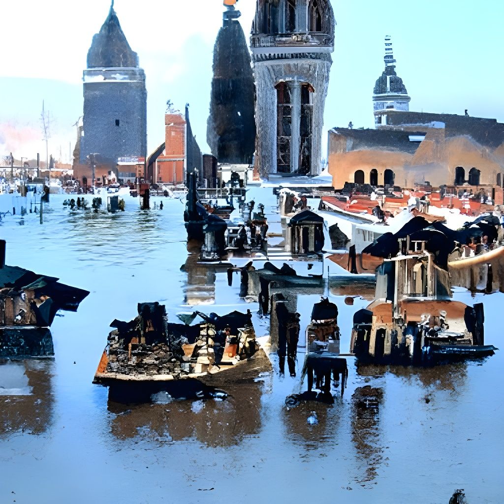 Flooded Venice Cityscape with Pyramid, Detailed Painting