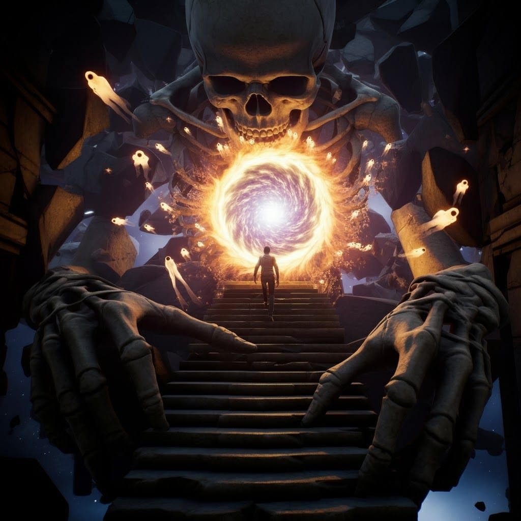 Energy Portal on Skeleton Statue in Space