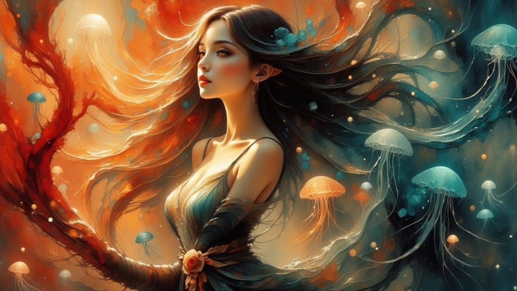 Woman in Art Nouveau Meets Futuristic Style