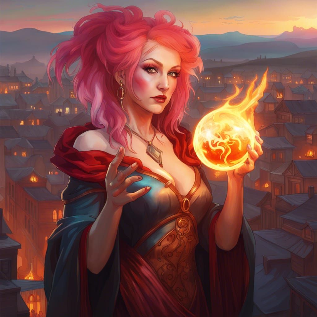 Fantasy Sorceress with Fireball, Art Nouveau Style