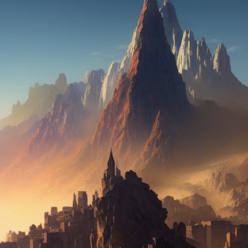 Ancient City Among High Rise Mountains, Digital Art