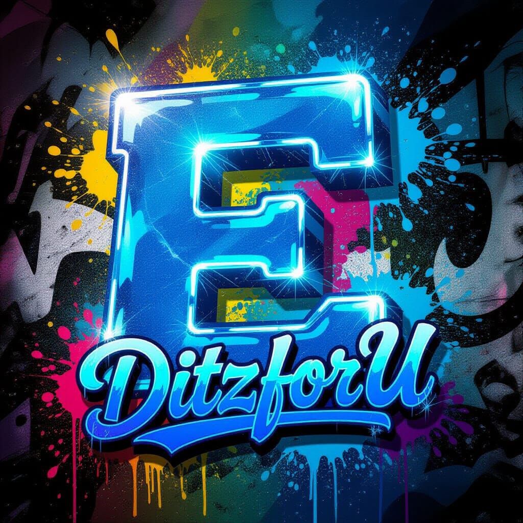 Glowing Electric Blue 'E' Graffiti Art with Script