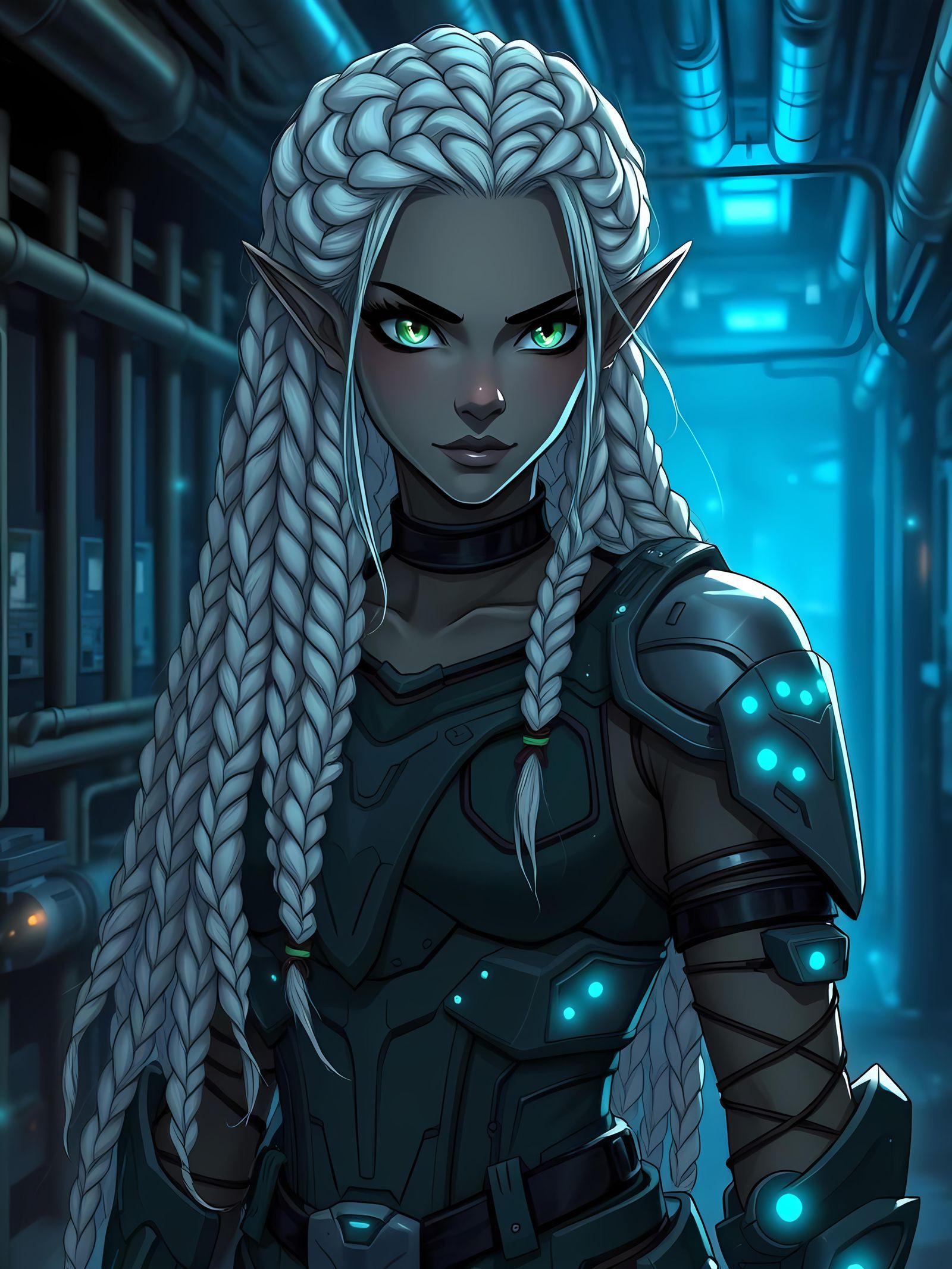Dark Elf Woman in Tactical Armor, Anime Style