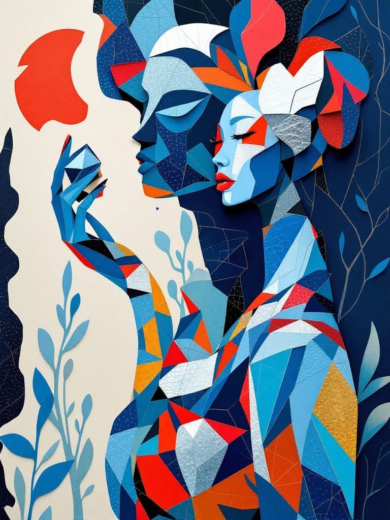 Surreal Blue Form in Vibrant Cut-Paper Collage