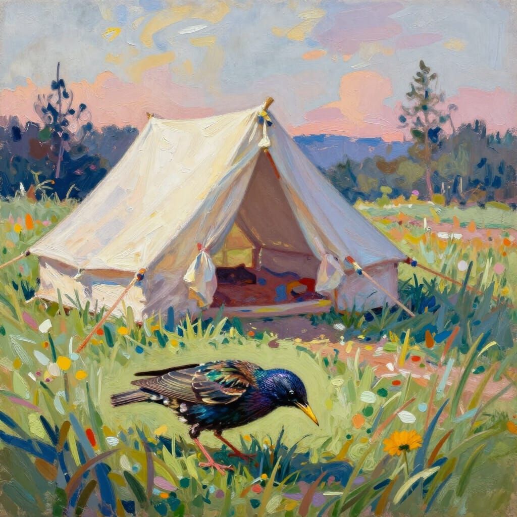 Iridescent Starling Foraging Near Tent at Dawn in Impression...