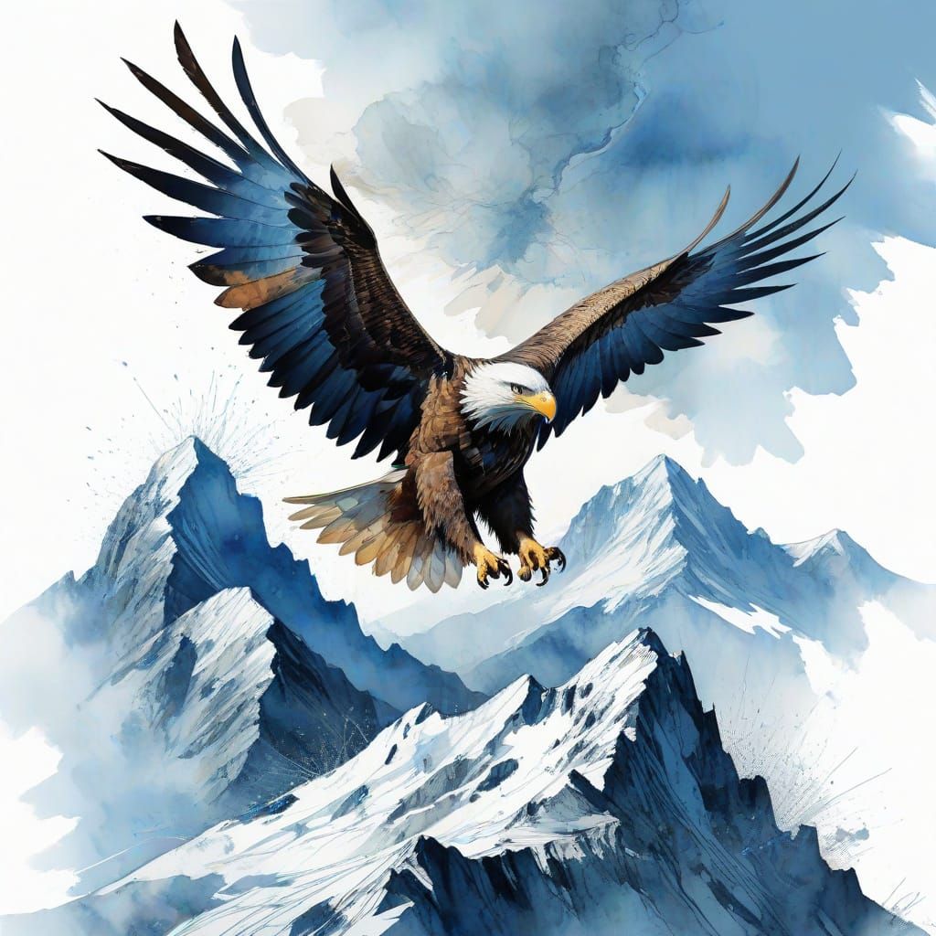 Surreal Mountain Summit with Soaring Eagle in Watercolor Sty...