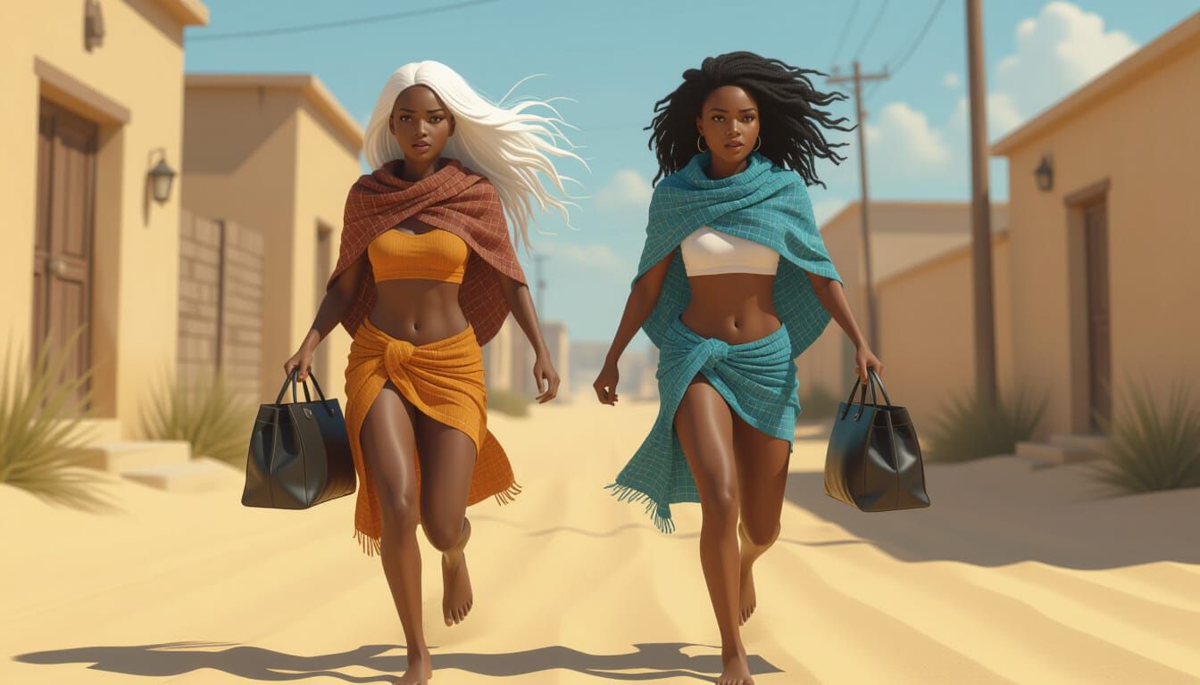 Twin African Women Fleeing in Hyper Realistic Animated Style