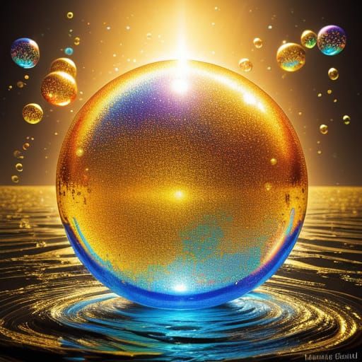 Shimmering Bubbles Splash Art with Golden Reflections