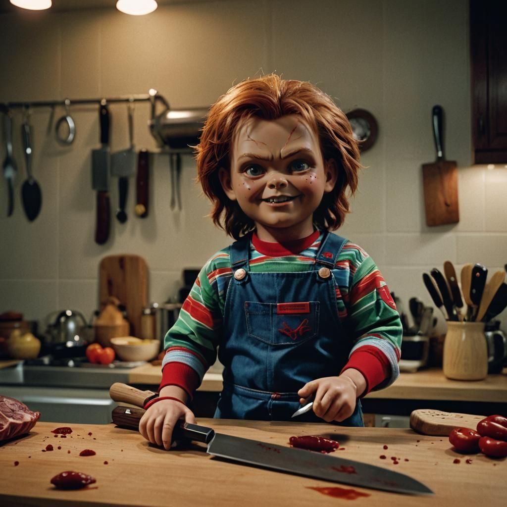 Chucky Smiling with Butcher Knife, Cinematic Film Still