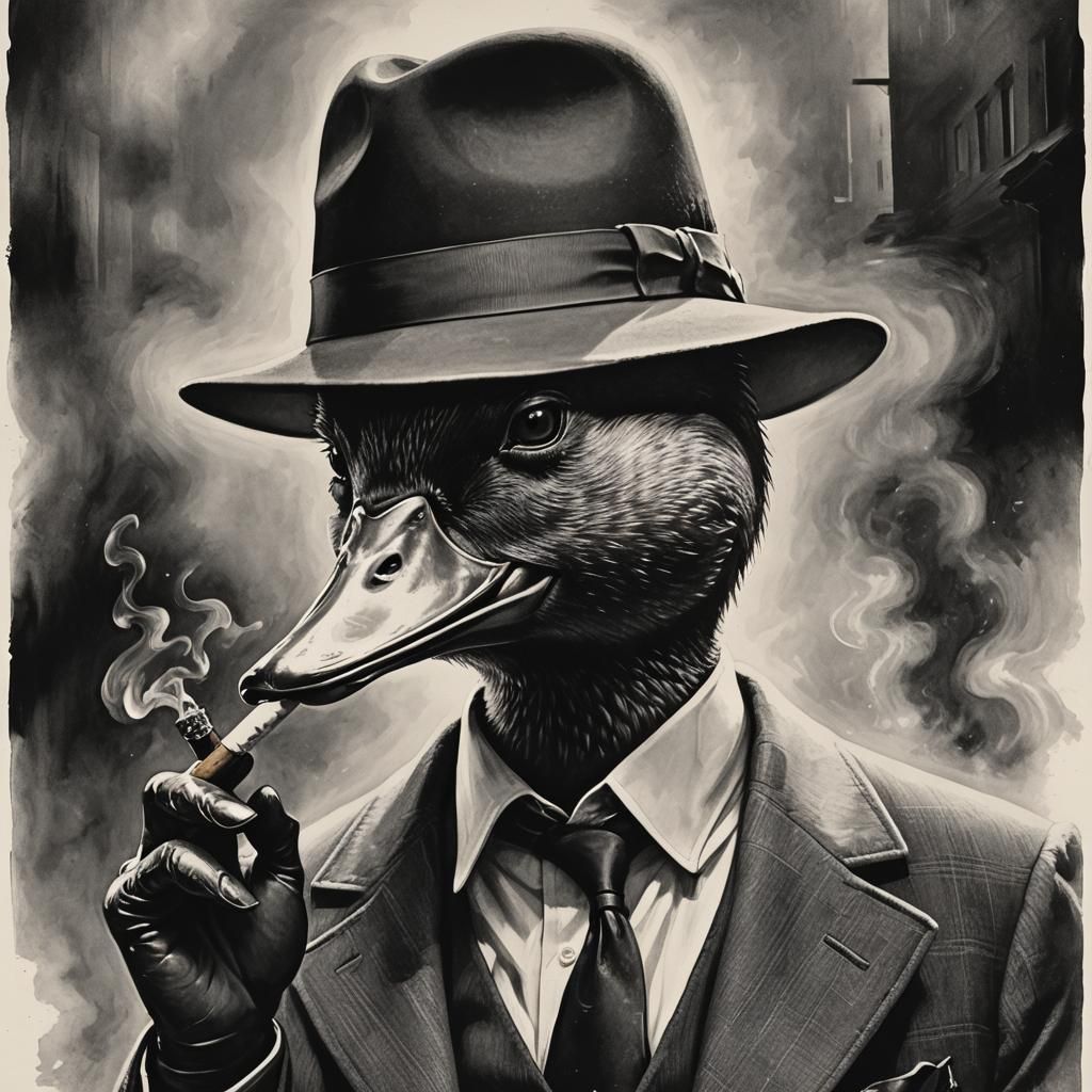 Movie poster, black and white film noir, duck wearing a fedo...