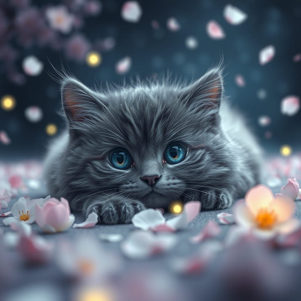 Adorable Grey Cat with Blue Eyes in a Sakura Garden