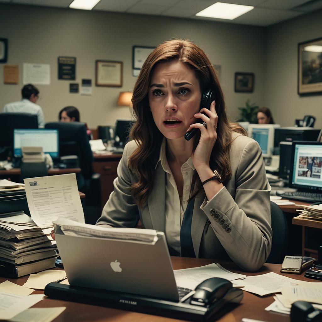 Overwhelmed Woman at Desk: Cinematic Film Still