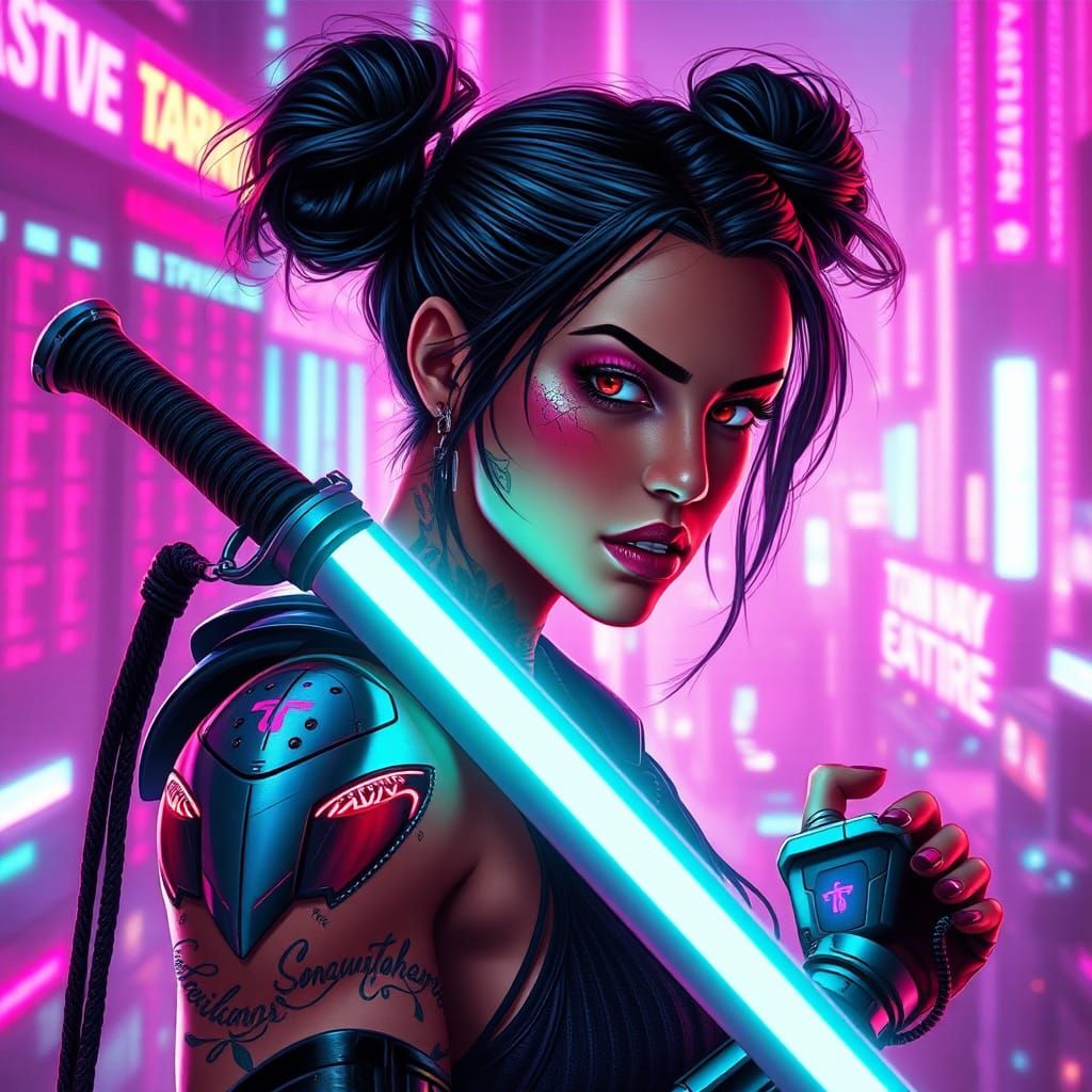Cyberpunk Warrior in Neon Cityscape with Katana