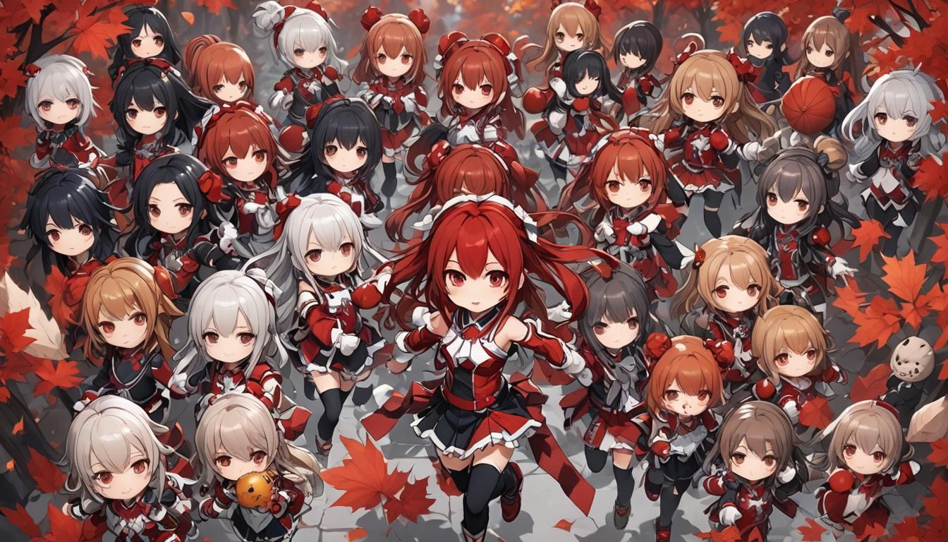 Festive Red Chibi Fall Scene in Ink