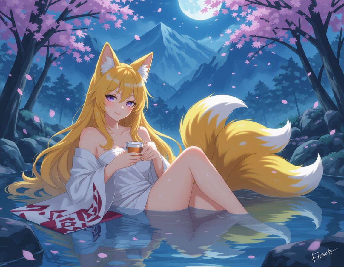 Kitsune Lounging in Mountain Hot Spring, Anime Style