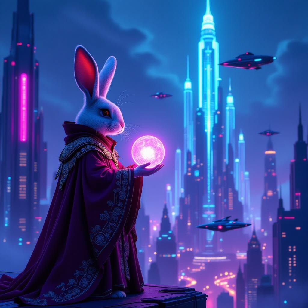 Regal Rabbit Overlooking Neon Futuristic City in Sci-Fi Styl...