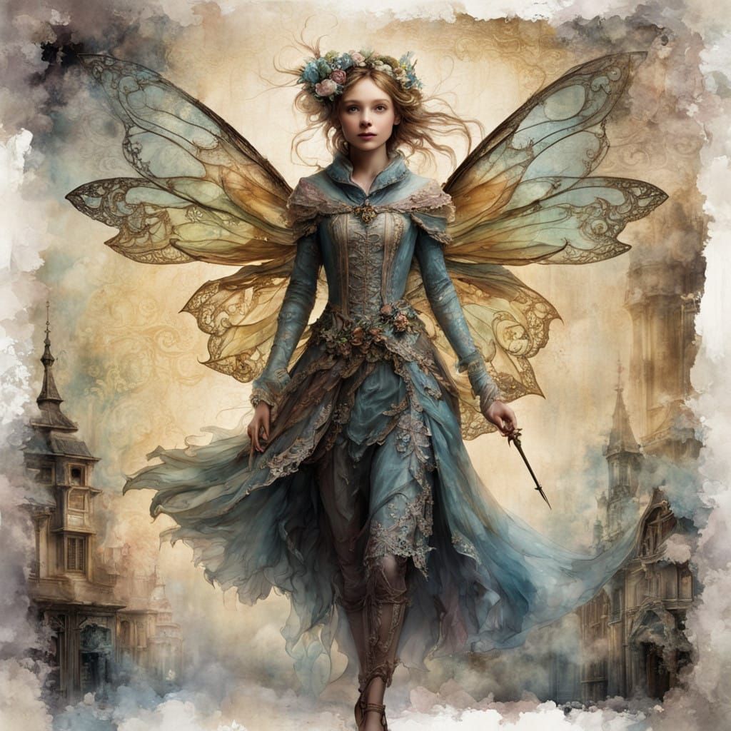 Vintage Fairy Adorns Distressed Wooden Door in Pastel Hues