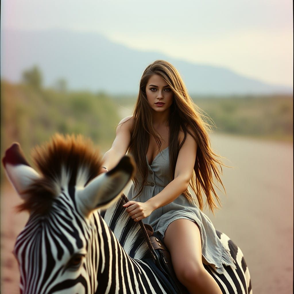 Elegant Woman Rides a Majestic Zebra in Cinematic Style
