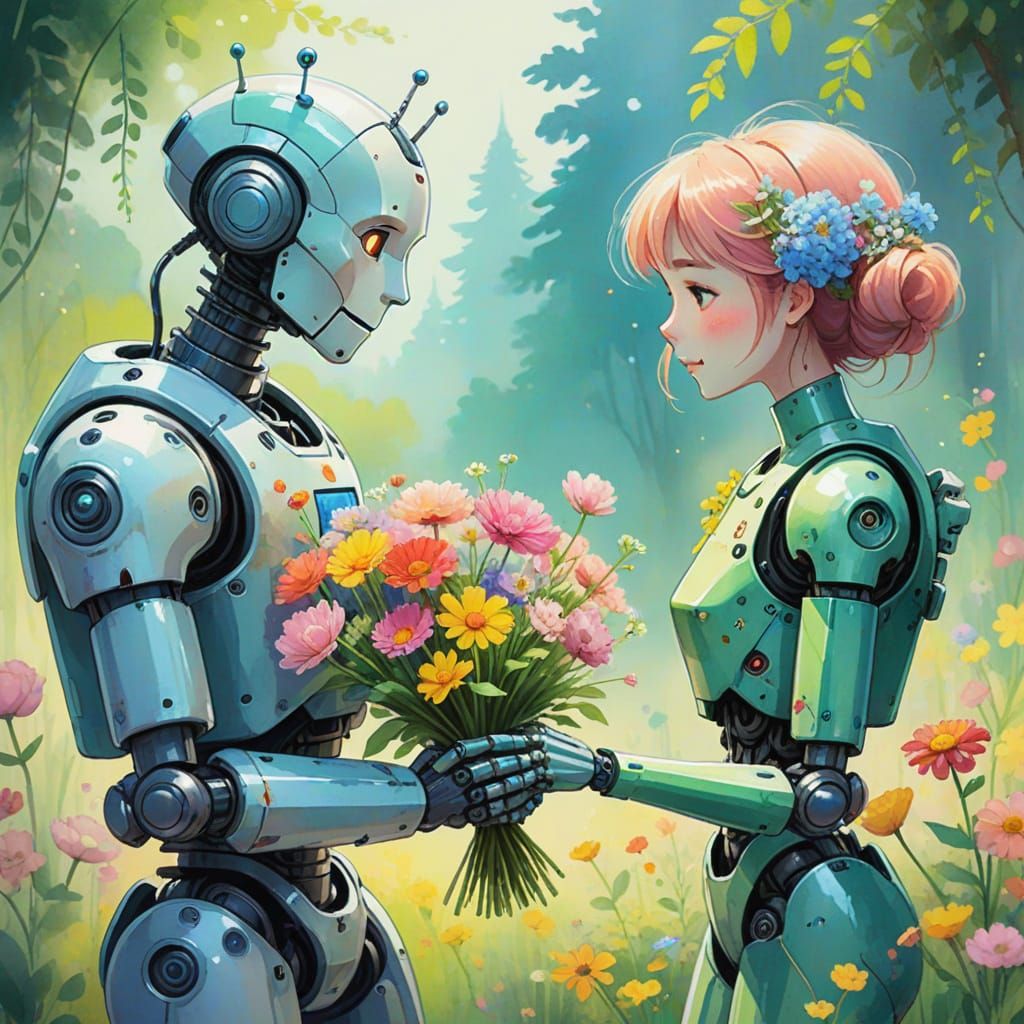 Whimsical Robot Offers Flowers in Watercolor Style