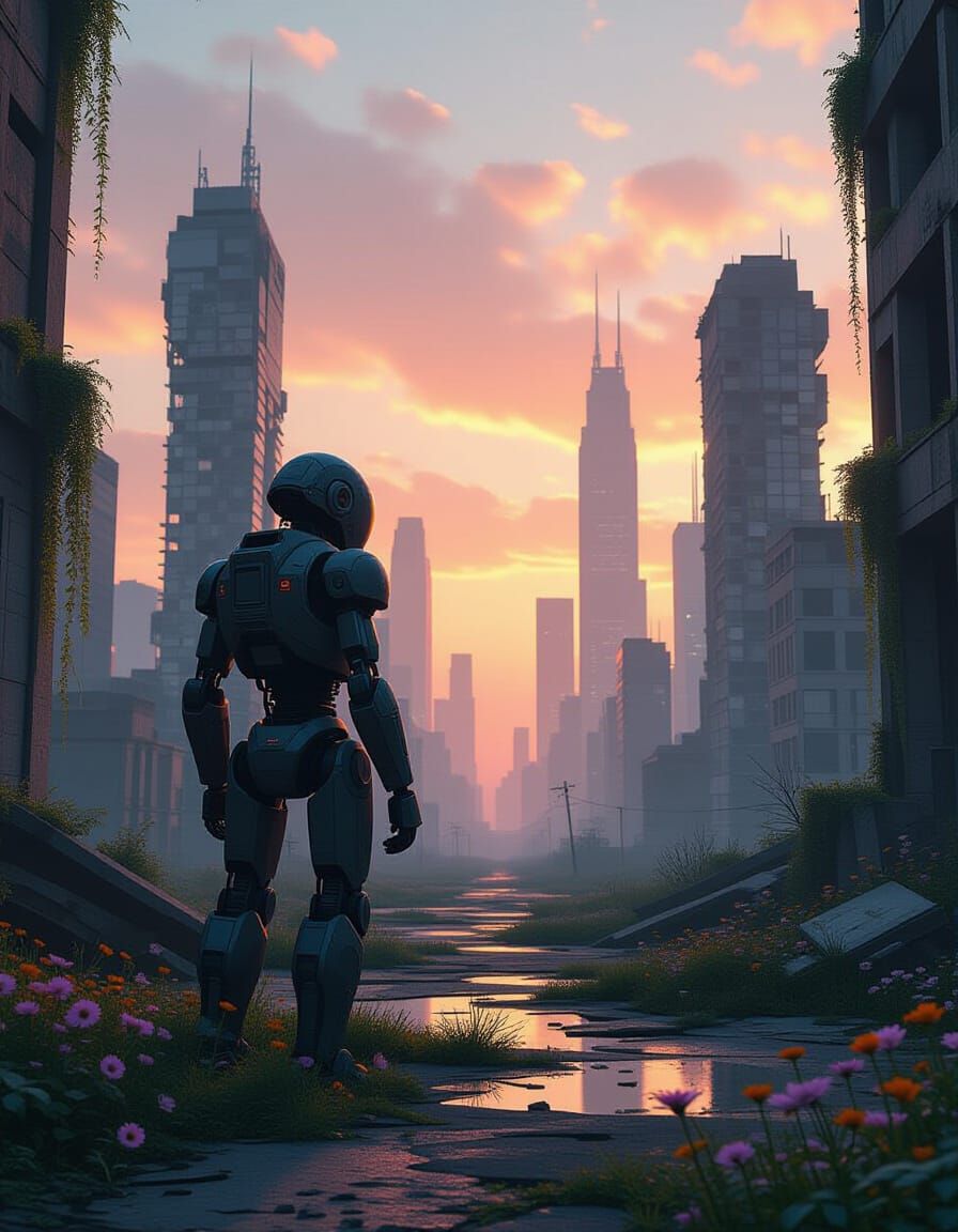 Weathered Robot in Overgrown City Ruins
