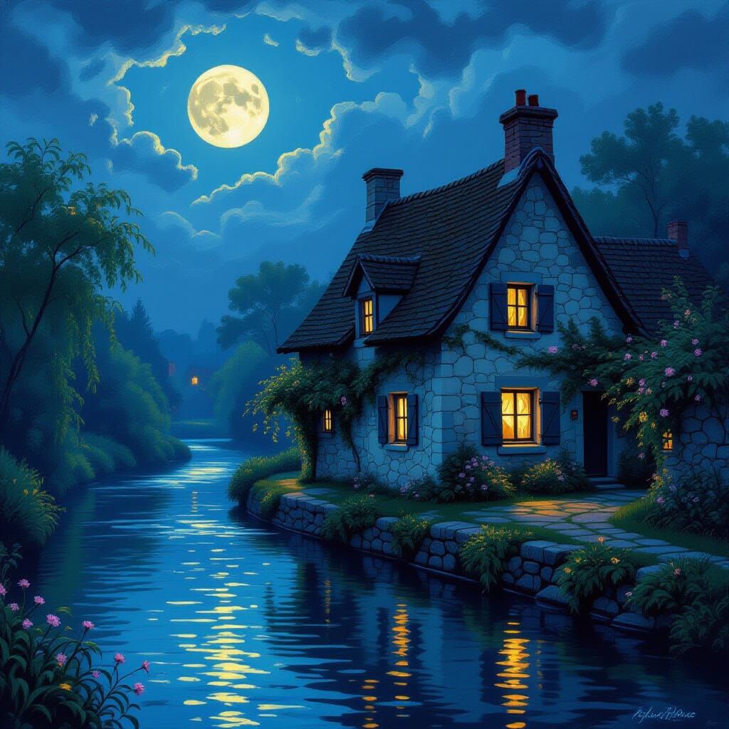 A solitary, ancient cottage nestled beside a gently flowing ...