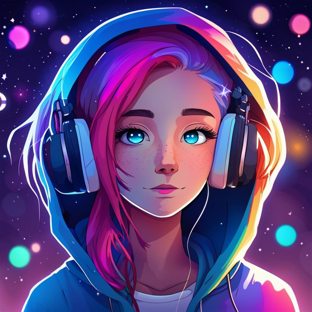 Teenage Girl with Headphones in Colorful Lo-Fi Art