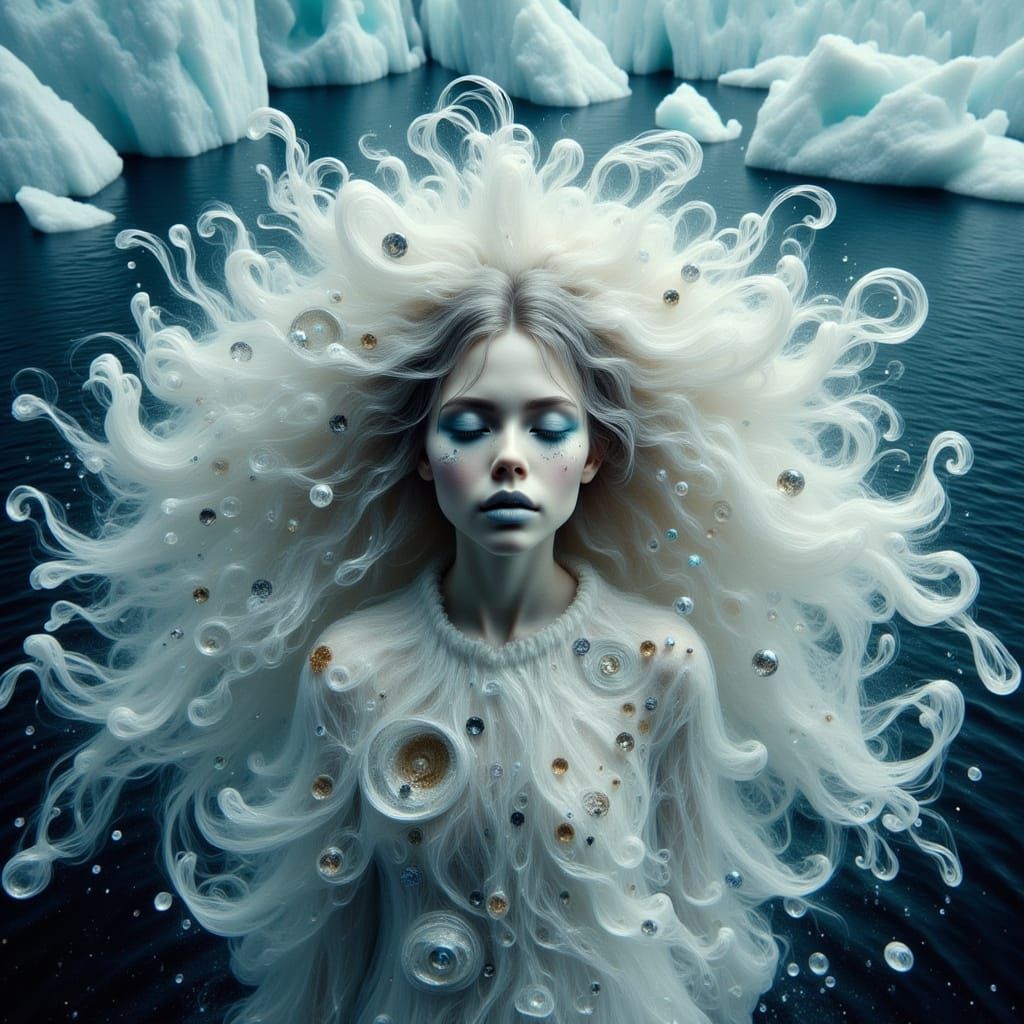 Albino Woman on Icebergs in Ethereal Futuristic Style