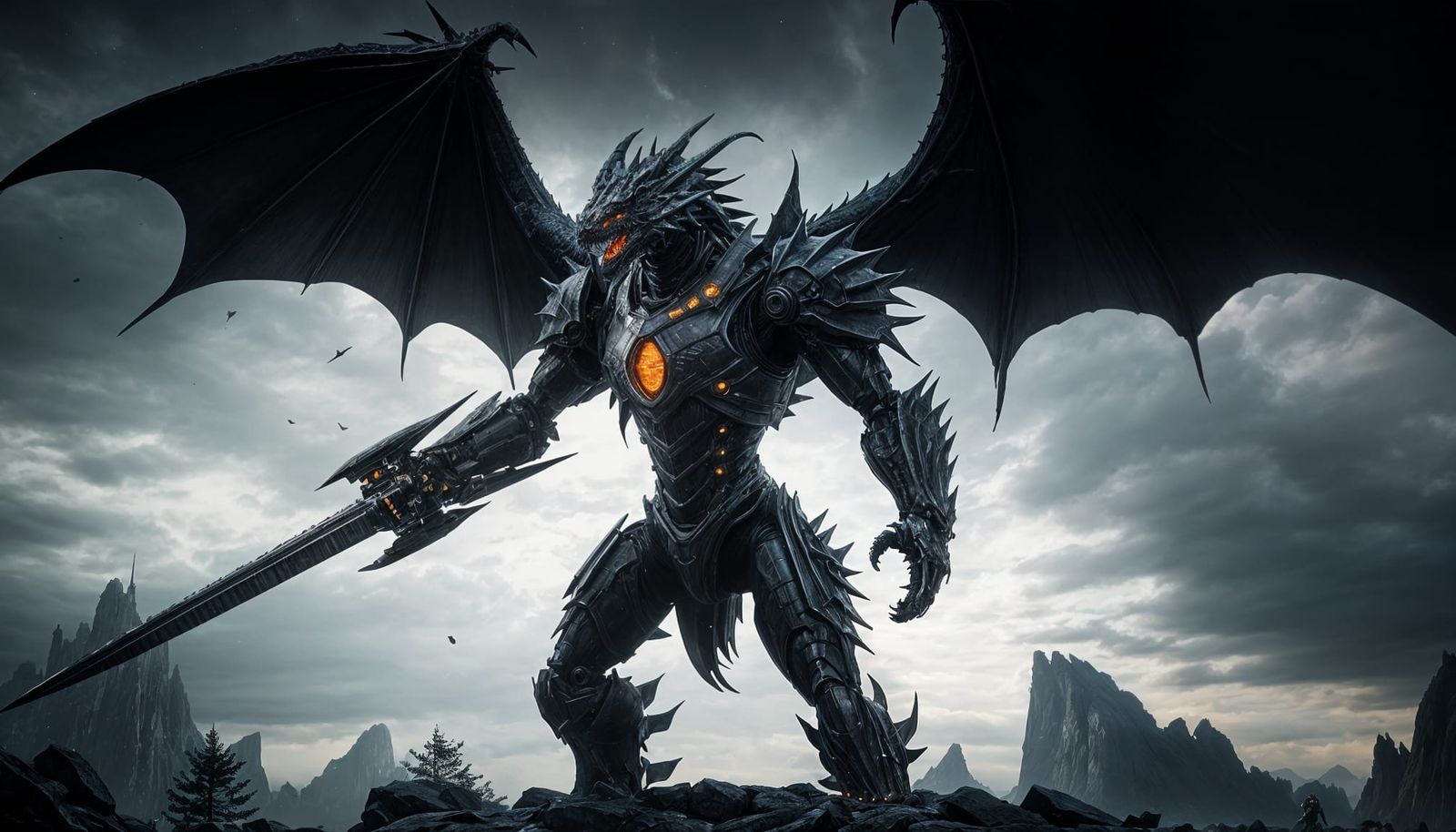 Dramatic Robotic Dragon Brandishing Chainsword in Sci-Fi Sty...