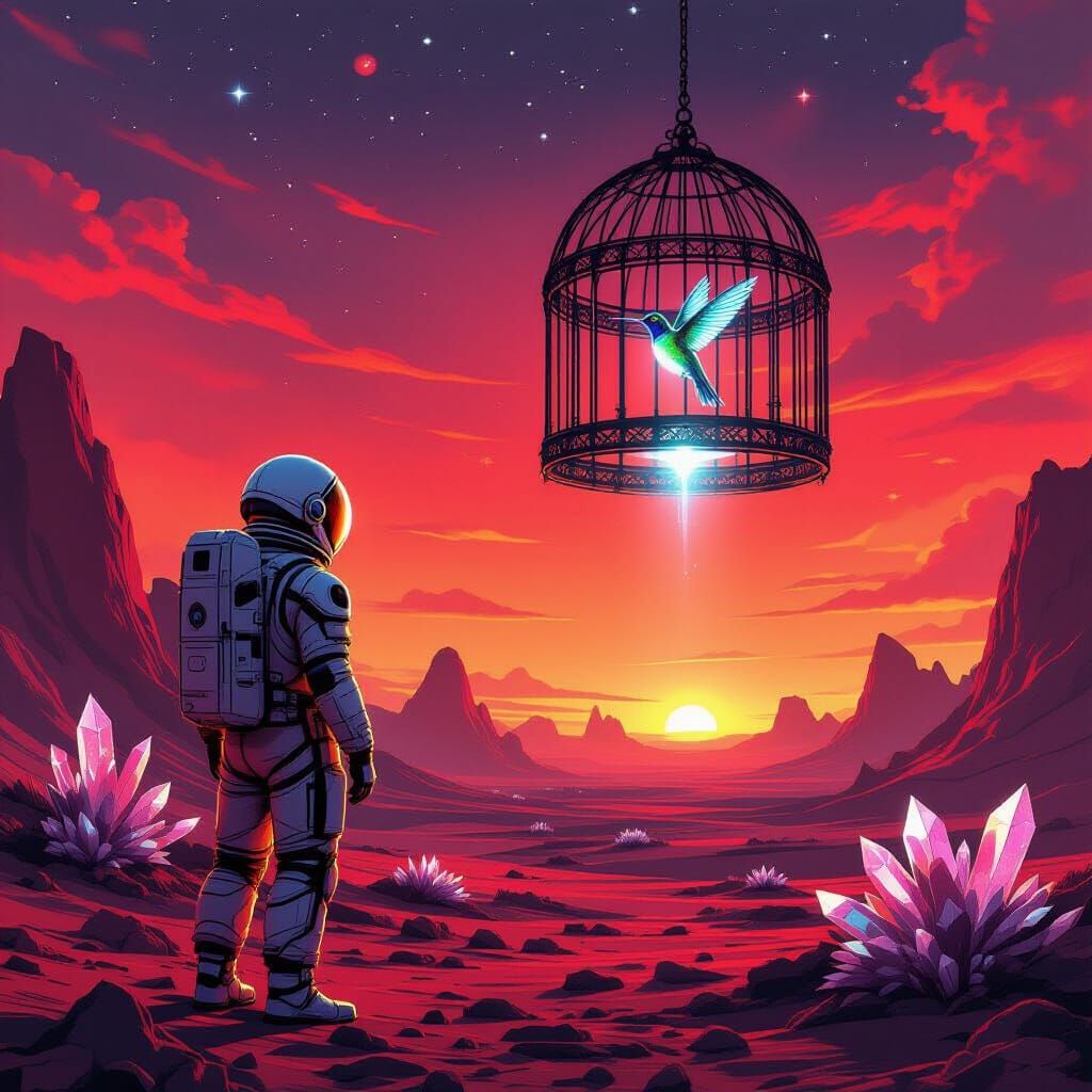 Astronaut Gazes at Floating Birdcage on Alien World