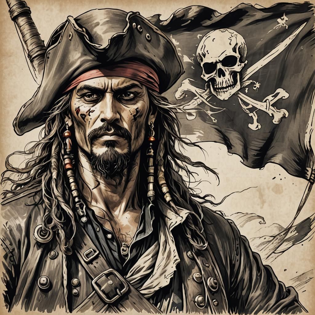 Pirate Flag and Captain: Detailed Sketch