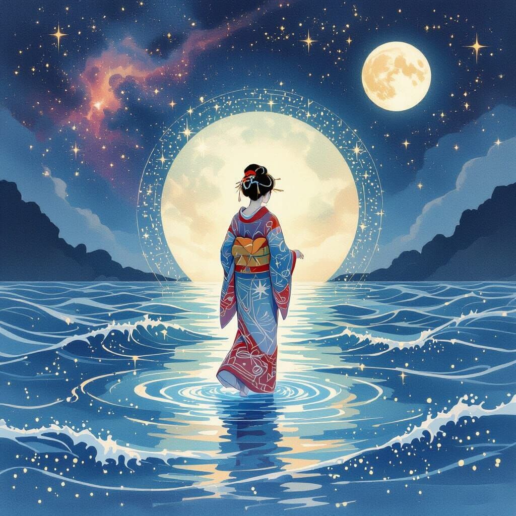 Geisha Steps Through Portal: Watercolor Art