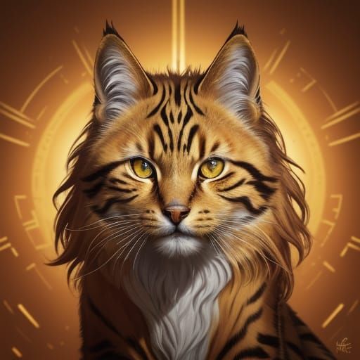 Hyperrealistic Feline Creature with Golden Mane and Hierogly...